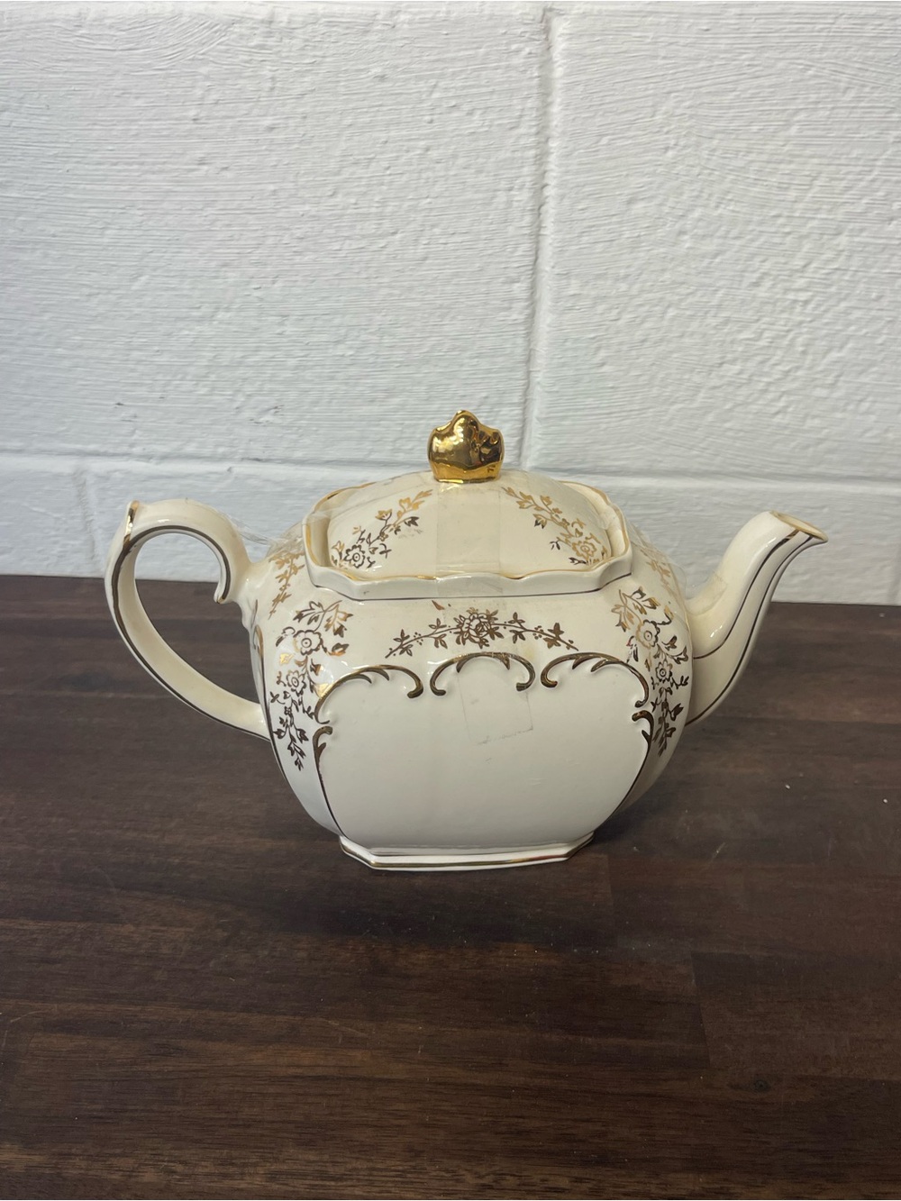 Vintage Sadler England Floral Gold Trim Ceramic Teapot Ivory Brown Transferware